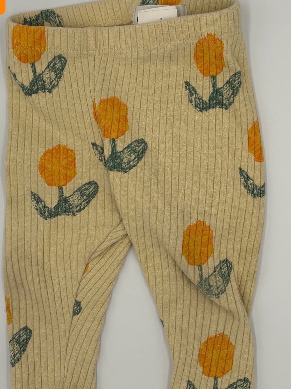 Bobo Choses Beige Ribbed Leggings with Orange Flower Motif